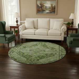 HomeRoots 8' Elegant Olive Green & Gray Round Rug - Washable, UV Protected, Stain-Resistant for Busy Homes 700544