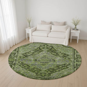 HomeRoots 8' Elegant Olive Green & Gray Round Rug - Washable, UV Protected, Stain-Resistant for Busy Homes 700544