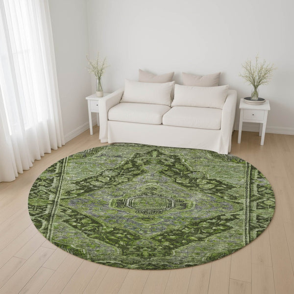 HomeRoots 8' Elegant Olive Green & Gray Round Rug - Washable, UV Protected, Stain-Resistant for Busy Homes 700544