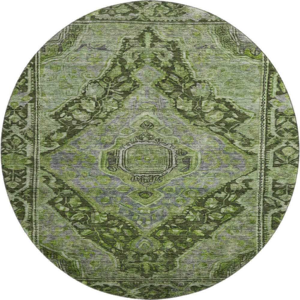 HomeRoots 8' Elegant Olive Green & Gray Round Rug - Washable, UV Protected, Stain-Resistant for Busy Homes 700544