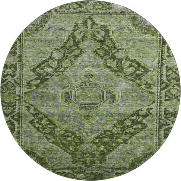HomeRoots 8' Elegant Olive Green & Gray Round Rug - Washable, UV Protected, Stain-Resistant for Busy Homes 700544