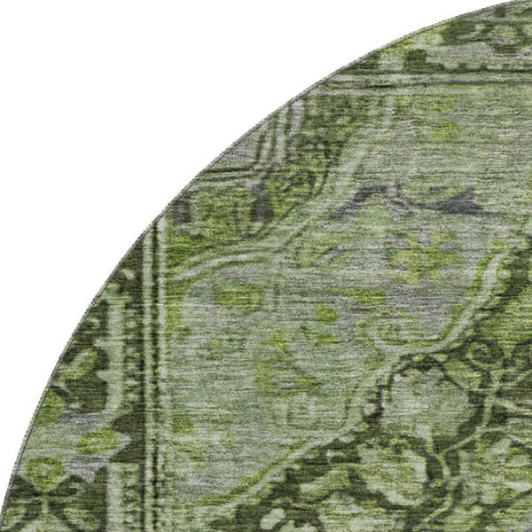 HomeRoots 8' Elegant Olive Green & Gray Round Rug - Washable, UV Protected, Stain-Resistant for Busy Homes 700544