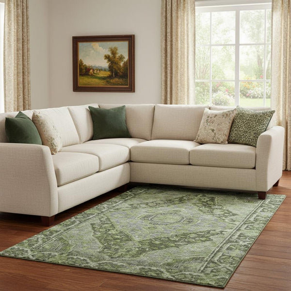 HomeRoots 8' X 10' Olive Green & Gray Oriental Area Rug – Durable, Washable, UV-Protected for Busy Homes 700545