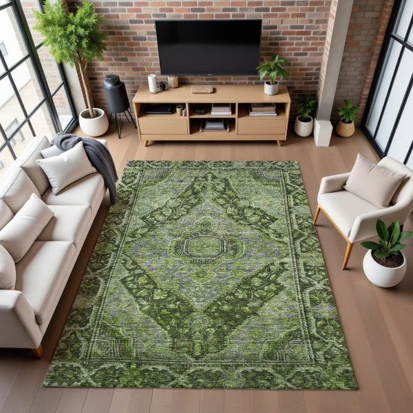 HomeRoots 8' X 10' Olive Green & Gray Oriental Area Rug – Durable, Washable, UV-Protected for Busy Homes 700545