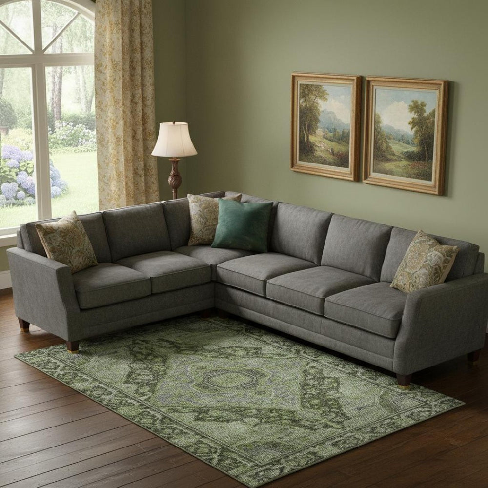 HomeRoots 10' Olive Green & Gray Oriental Area Rug - Washable, UV Protected, Stain-Resistant for High Traffic 700547