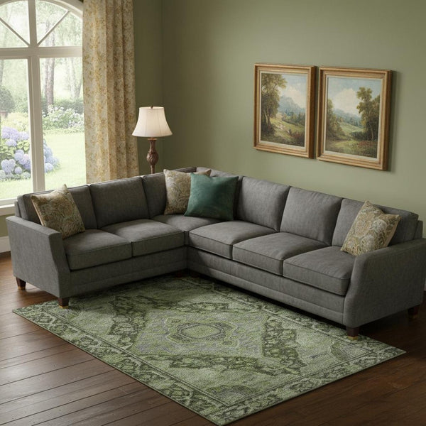 HomeRoots 10' Olive Green & Gray Oriental Area Rug - Washable, UV Protected, Stain-Resistant for High Traffic 700547