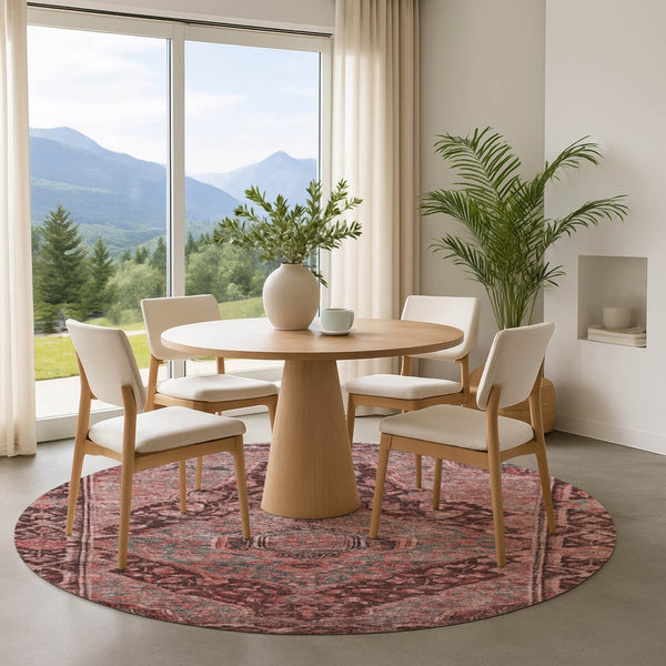 HomeRoots 8' Elegant Rust and Gray Oriental Round Rug - Washable, UV-Protected, Stain-Resistant Design for Homes 700550