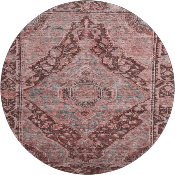 HomeRoots 8' Elegant Rust and Gray Oriental Round Rug - Washable, UV-Protected, Stain-Resistant Design for Homes 700550