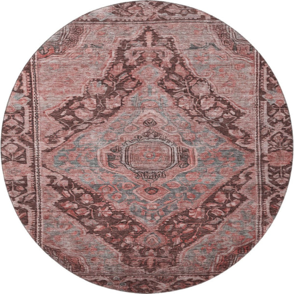 HomeRoots 8' Elegant Rust and Gray Oriental Round Rug - Washable, UV-Protected, Stain-Resistant Design for Homes 700550