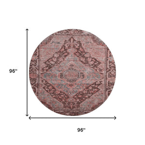 HomeRoots 8' Elegant Rust and Gray Oriental Round Rug - Washable, UV-Protected, Stain-Resistant Design for Homes 700550