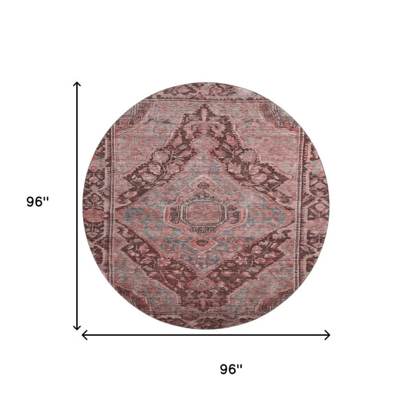 HomeRoots 8' Elegant Rust and Gray Oriental Round Rug - Washable, UV-Protected, Stain-Resistant Design for Homes 700550