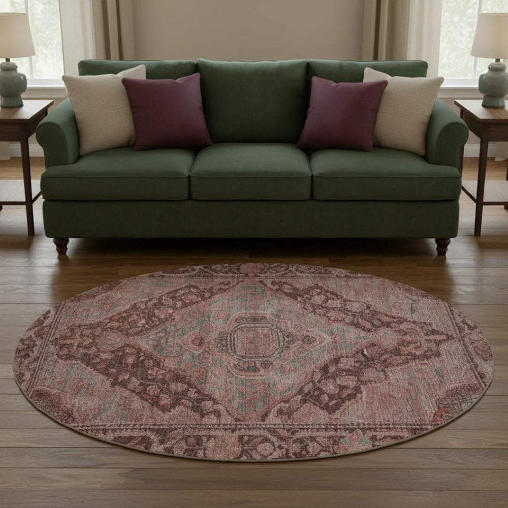 HomeRoots 8' Elegant Rust and Gray Oriental Round Rug - Washable, UV-Protected, Stain-Resistant Design for Homes 700550