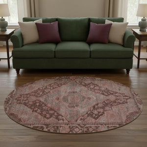 HomeRoots 8' Elegant Rust and Gray Oriental Round Rug - Washable, UV-Protected, Stain-Resistant Design for Homes 700550