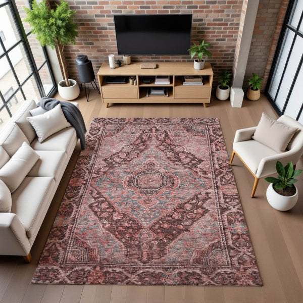 HomeRoots 10' X 14' Stylish Rust and Gray Oriental Washable Area Rug with UV Protection for Busy Homes 700553