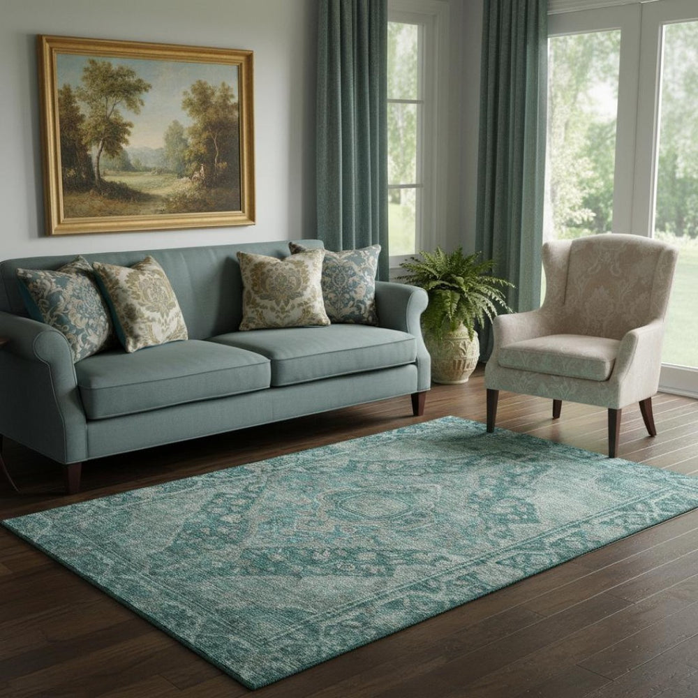 HomeRoots 5' X 8' Teal and Gray Oriental Area Rug - Washable, UV-Protected, Durable, and Elegant for Any Space 700555
