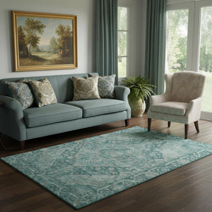 HomeRoots 5' X 8' Teal and Gray Oriental Area Rug - Washable, UV-Protected, Durable, and Elegant for Any Space 700555