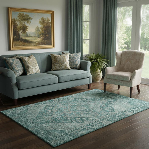 HomeRoots 5' X 8' Teal and Gray Oriental Area Rug - Washable, UV-Protected, Durable, and Elegant for Any Space 700555