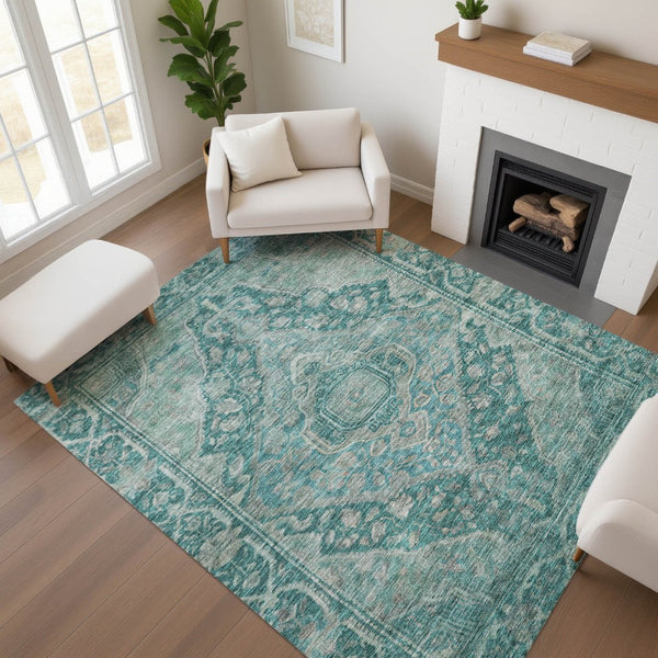 HomeRoots 5' X 8' Teal and Gray Oriental Area Rug - Washable, UV-Protected, Durable, and Elegant for Any Space 700555