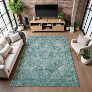 HomeRoots 5' X 8' Teal and Gray Oriental Area Rug - Washable, UV-Protected, Durable, and Elegant for Any Space 700555