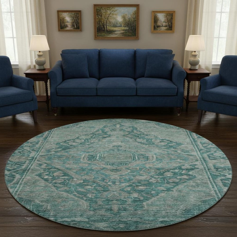 HomeRoots 8' Teal and Gray Oriental Washable Round Rug - Stain Resistant, UV Protected, Non-Slip Backing 700556