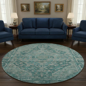 HomeRoots 8' Teal and Gray Oriental Washable Round Rug - Stain Resistant, UV Protected, Non-Slip Backing 700556