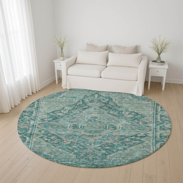 HomeRoots 8' Teal and Gray Oriental Washable Round Rug - Stain Resistant, UV Protected, Non-Slip Backing 700556