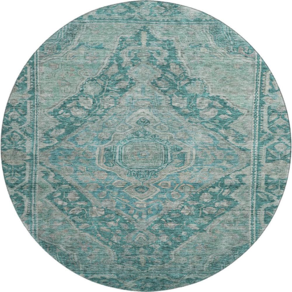 HomeRoots 8' Teal and Gray Oriental Washable Round Rug - Stain Resistant, UV Protected, Non-Slip Backing 700556