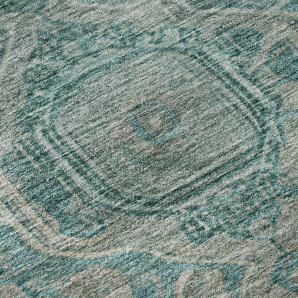 HomeRoots 8' Teal and Gray Oriental Washable Round Rug - Stain Resistant, UV Protected, Non-Slip Backing 700556