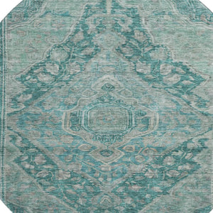HomeRoots 8' Teal and Gray Oriental Washable Round Rug - Stain Resistant, UV Protected, Non-Slip Backing 700556