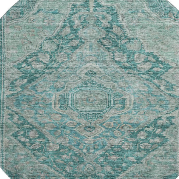 HomeRoots 8' Teal and Gray Oriental Washable Round Rug - Stain Resistant, UV Protected, Non-Slip Backing 700556