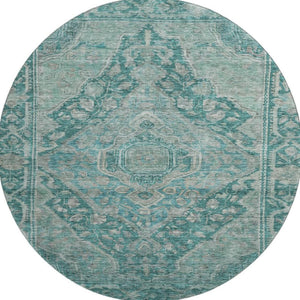 HomeRoots 8' Teal and Gray Oriental Washable Round Rug - Stain Resistant, UV Protected, Non-Slip Backing 700556