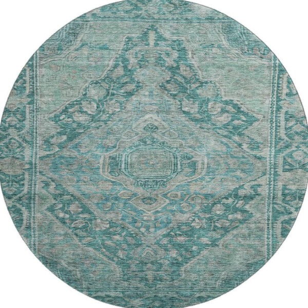 HomeRoots 8' Teal and Gray Oriental Washable Round Rug - Stain Resistant, UV Protected, Non-Slip Backing 700556