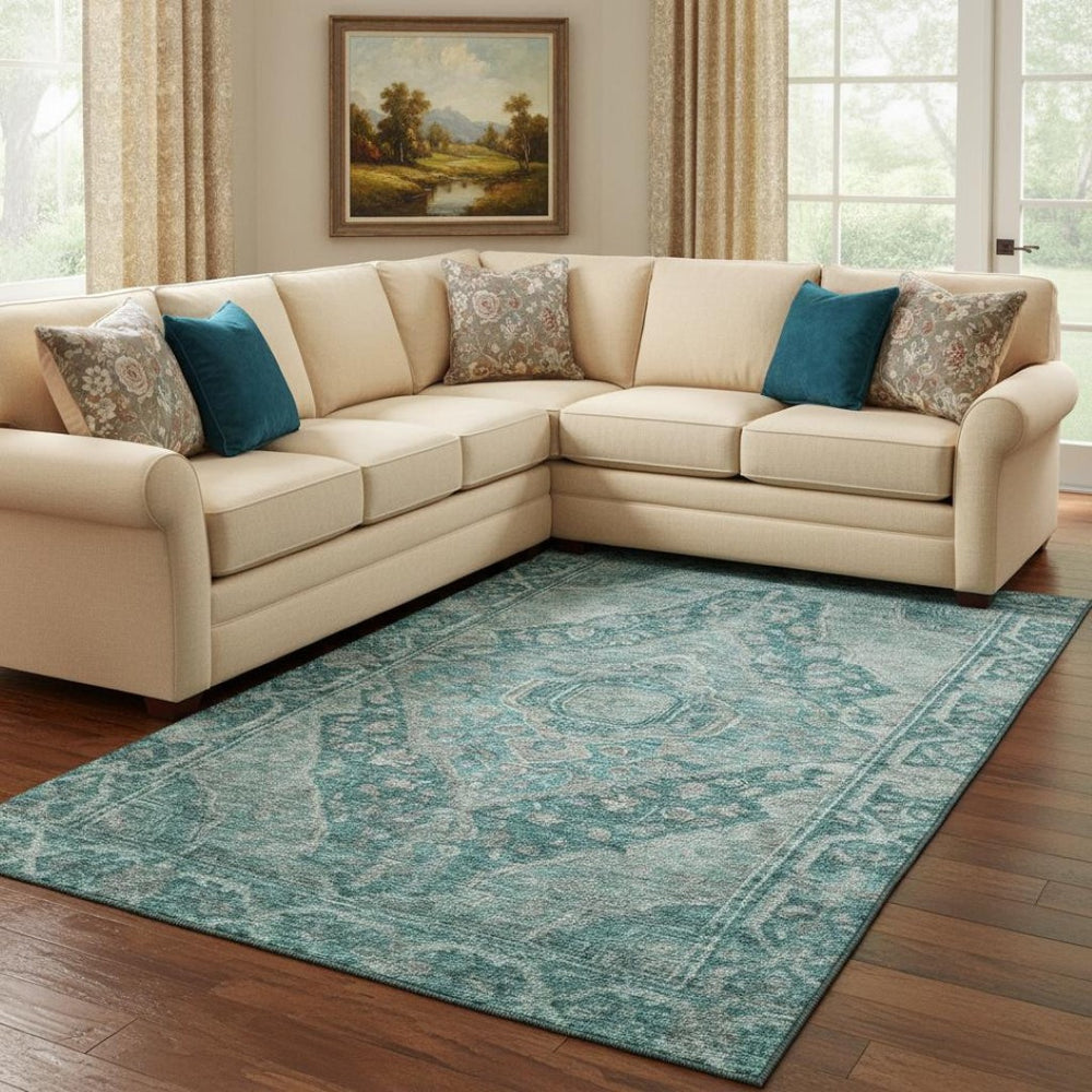 HomeRoots 8' X 10' Teal and Gray Oriental Area Rug - Durable, Stain Resistant, Non-Slip, UV Protected Design 700557