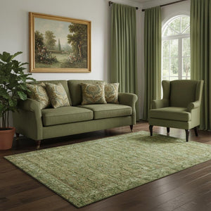 HomeRoots 5' X 8' Artichoke Green & Copper Oriental Machine-Washable Area Rug with UV Protection & Durability 700561