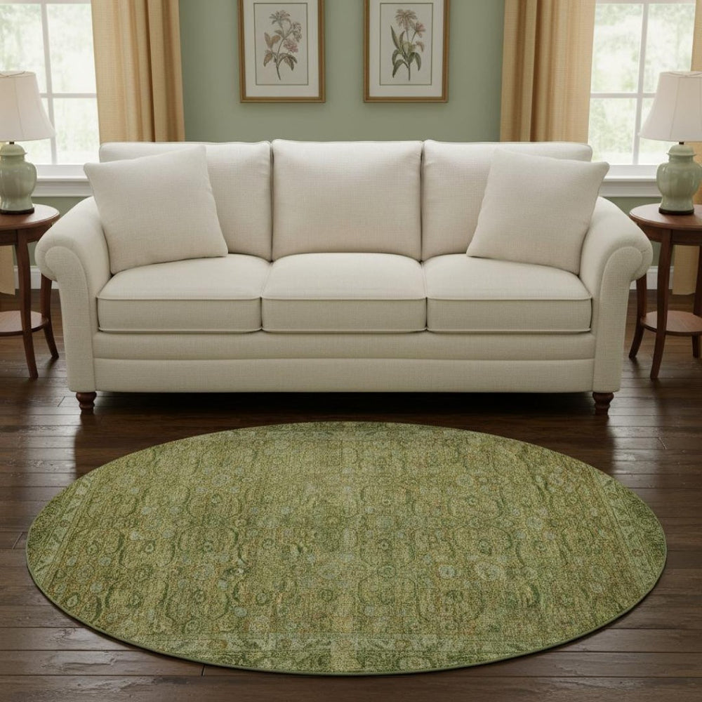 HomeRoots 8' Elegant Artichoke Green & Copper Round Oriental Rug - Washable, UV Protected & Durable Design 700562