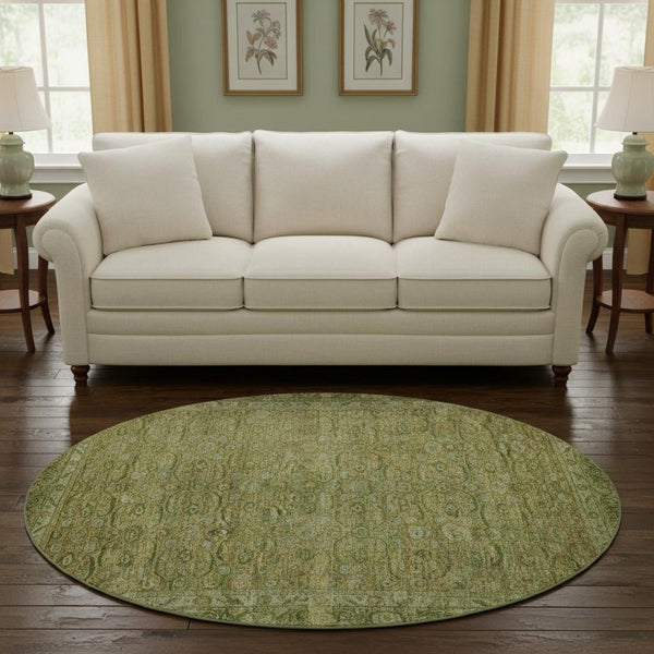 HomeRoots 8' Elegant Artichoke Green & Copper Round Oriental Rug - Washable, UV Protected & Durable Design 700562