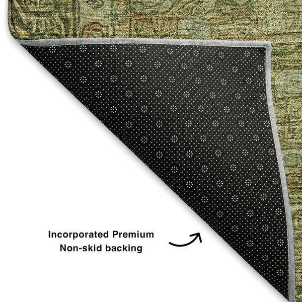 HomeRoots 9' X 12' Artichoke Green & Copper Oriental Area Rug – Durable, Washable, UV Protected for Busy Homes 700564