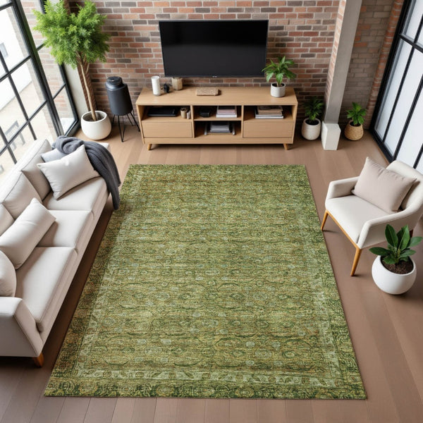 HomeRoots 9' X 12' Artichoke Green & Copper Oriental Area Rug – Durable, Washable, UV Protected for Busy Homes 700564