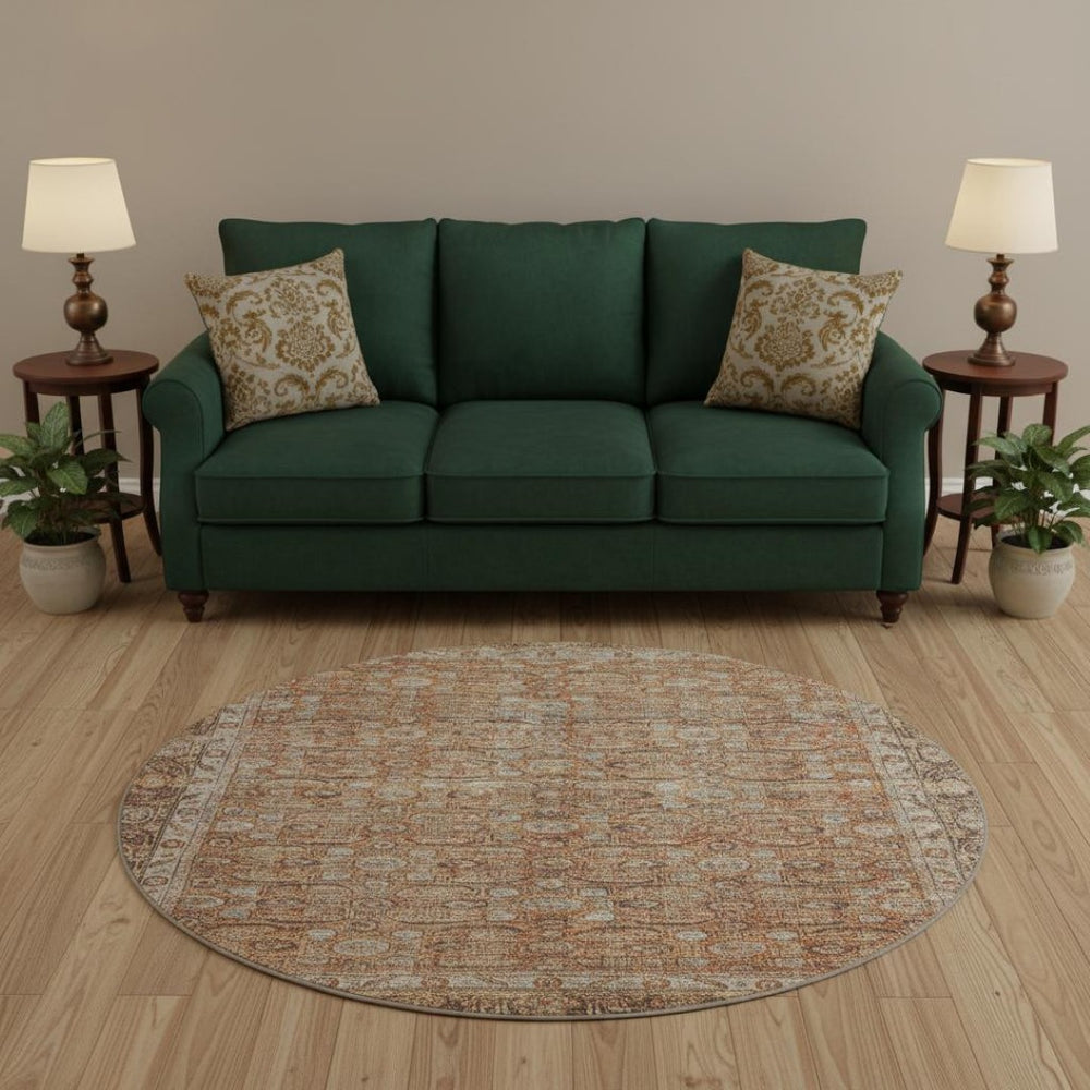 HomeRoots 8' Copper and Beige Oriental Round Rug - Washable, UV Protected, Stain Resistant for Busy Homes 700568