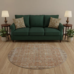 HomeRoots 8' Copper and Beige Oriental Round Rug - Washable, UV Protected, Stain Resistant for Busy Homes 700568