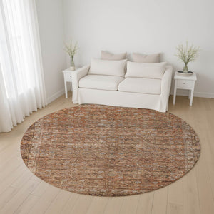 HomeRoots 8' Copper and Beige Oriental Round Rug - Washable, UV Protected, Stain Resistant for Busy Homes 700568