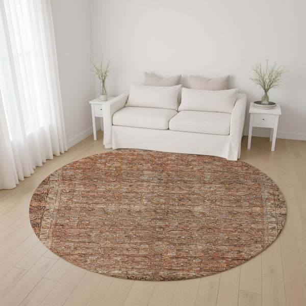 HomeRoots 8' Copper and Beige Oriental Round Rug - Washable, UV Protected, Stain Resistant for Busy Homes 700568