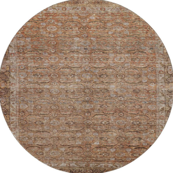 HomeRoots 8' Copper and Beige Oriental Round Rug - Washable, UV Protected, Stain Resistant for Busy Homes 700568