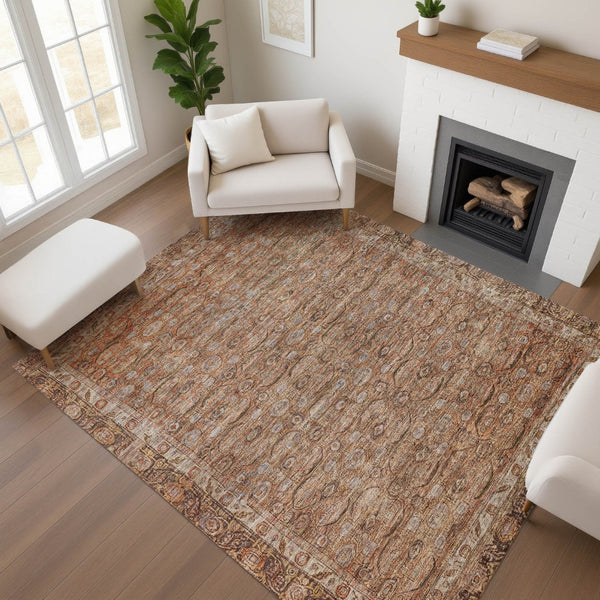 HomeRoots 8' X 10' Copper and Beige Oriental Area Rug - Durable, Washable, Stain-Resistant with UV Protection 700569