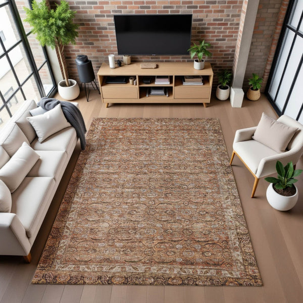 HomeRoots 8' X 10' Copper and Beige Oriental Area Rug - Durable, Washable, Stain-Resistant with UV Protection 700569
