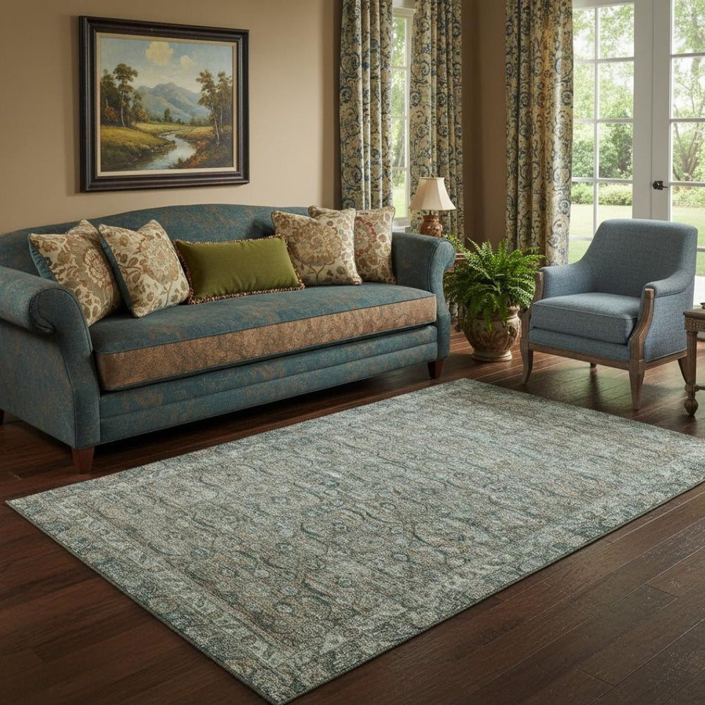 HomeRoots 5' X 8' Teal and Gray Oriental Area Rug - Durable, Washable, UV-Protected, Perfect for Any Room! 700573