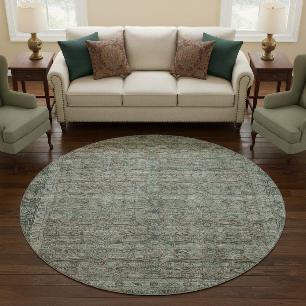 HomeRoots 8' Teal and Gray Oriental Round Rug - Stain Resistant, UV Protected, Soft and Stylish for Any Room 700574