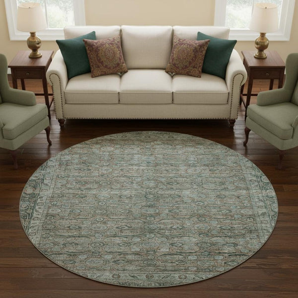 HomeRoots 8' Teal and Gray Oriental Round Rug - Stain Resistant, UV Protected, Soft and Stylish for Any Room 700574