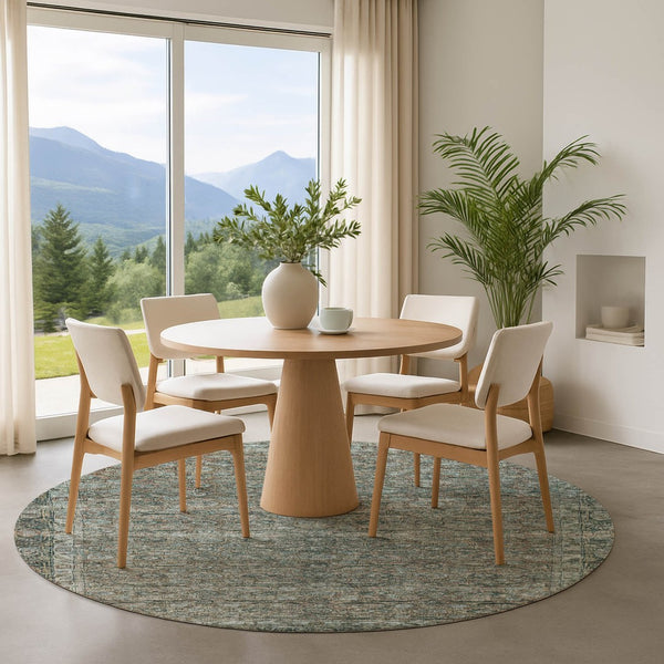 HomeRoots 8' Teal and Gray Oriental Round Rug - Stain Resistant, UV Protected, Soft and Stylish for Any Room 700574
