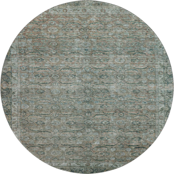HomeRoots 8' Teal and Gray Oriental Round Rug - Stain Resistant, UV Protected, Soft and Stylish for Any Room 700574